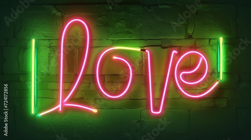 Neon sign. Retro neon Love sign on green background. Design element for Happy Valentine's Day. Ready for your design, greeting card, banner. Vector illustration. 