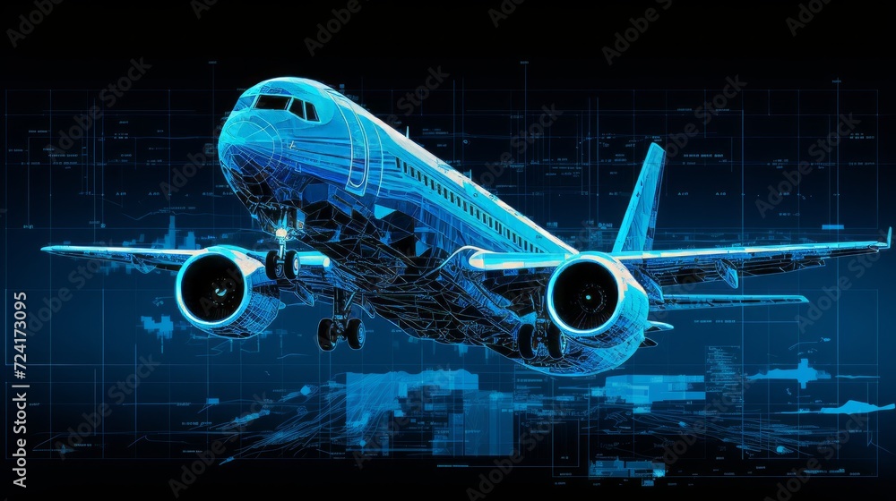 Abstract airliner constructed with dots. Outline wireframe glowing ...
