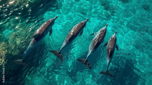 Photo of four dolphins swimming gracefully in turquoise waters. © Zahid