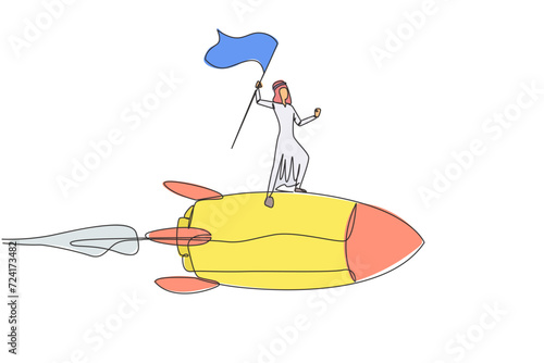 Single continuous line drawing of young successful Arabian businessman standing on flying rocket through the sky raising flag. Entrepreneur starting a new business startup. One line design vector