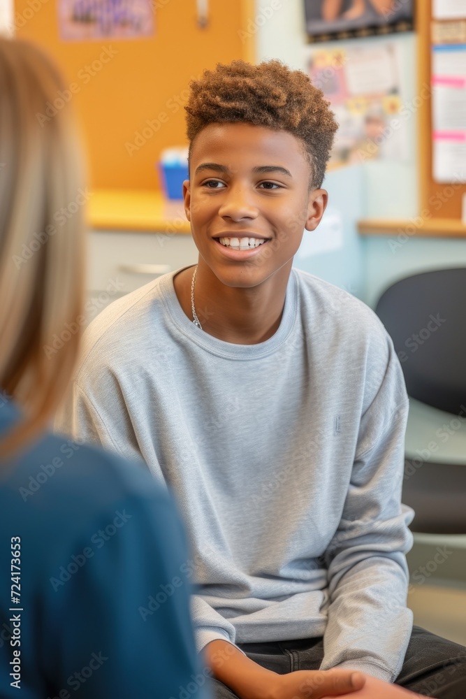 Psychologist communicating with a teenage boy in school office Psychologist communicating with a teenage boy in school office