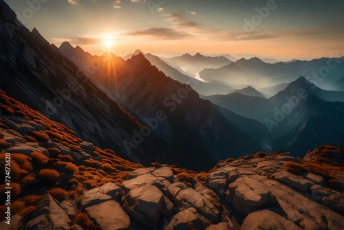 An awe-inspiring scene of a towering mountain under the gentle hues of morning, the rising sun illuminating its rugged contours.