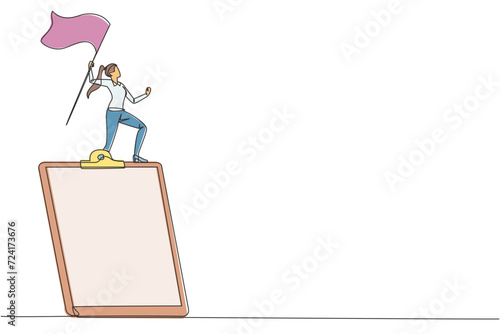 Single continuous line drawing of businesswoman standing on giant clipboard raising flag. Create a daily business plan for smooth running of business. Planned business management concept. One line