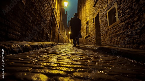 Watchman of the night walks alone on cobblestone roads under the twinkling lights of midnight