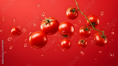 Lots of fresh tomatoes fly on red background © Ziyan Yang