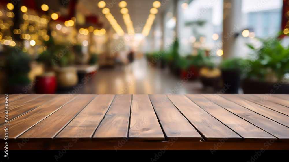 Wooden table blurred background of restaurant, image of wooden table in front of abstract blurred background of resturant lights Empty tabletop in the coffe shop Wooden table blurred background of restaurant, image of wooden table in front of abstract blurred background of resturant lights Empty tabletop in the coffe shop