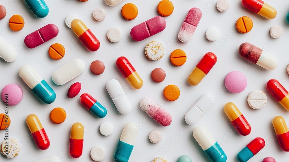 A flat surface with drugs, pills and medicines forming a pharmaceutical landscape. Visual composition of care and health with a variety of treatments available. A flat surface with drugs, pills and medicines forming a pharmaceutical landscape. Visual composition of care and health with a variety of treatments available.