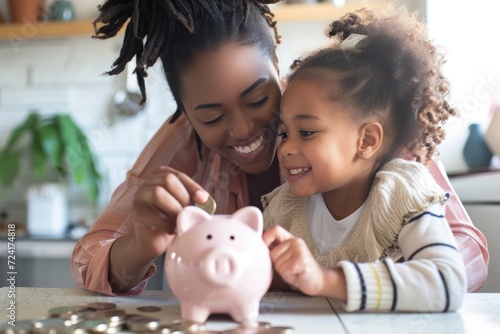 Happy mother helping daughter to put money in a piggy bank photo