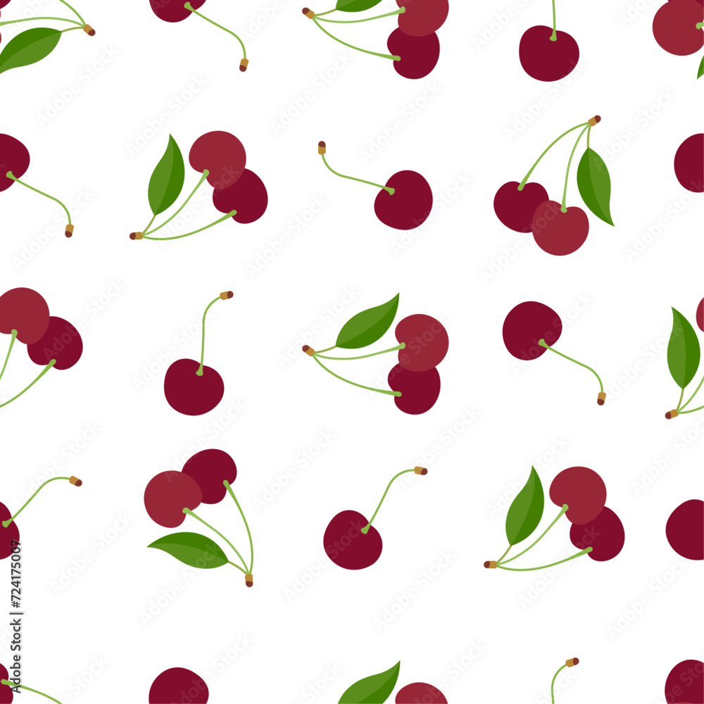Cute cherry seamless pattern. Good for textile, wrapping, wallpapers, etc. Red cherries isolated on white background. Vector illustration. Cute cherry seamless pattern. Good for textile, wrapping, wallpapers, etc. Red cherries isolated on white background. Vector illustration.