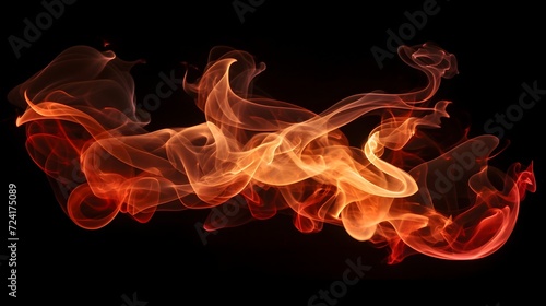 Abstract fire particles, the orange mist, or smog move on a black background. Smoke overlay, flame effect. Beautiful swirling design for horizontal wallpaper or web banner. Generative AI.