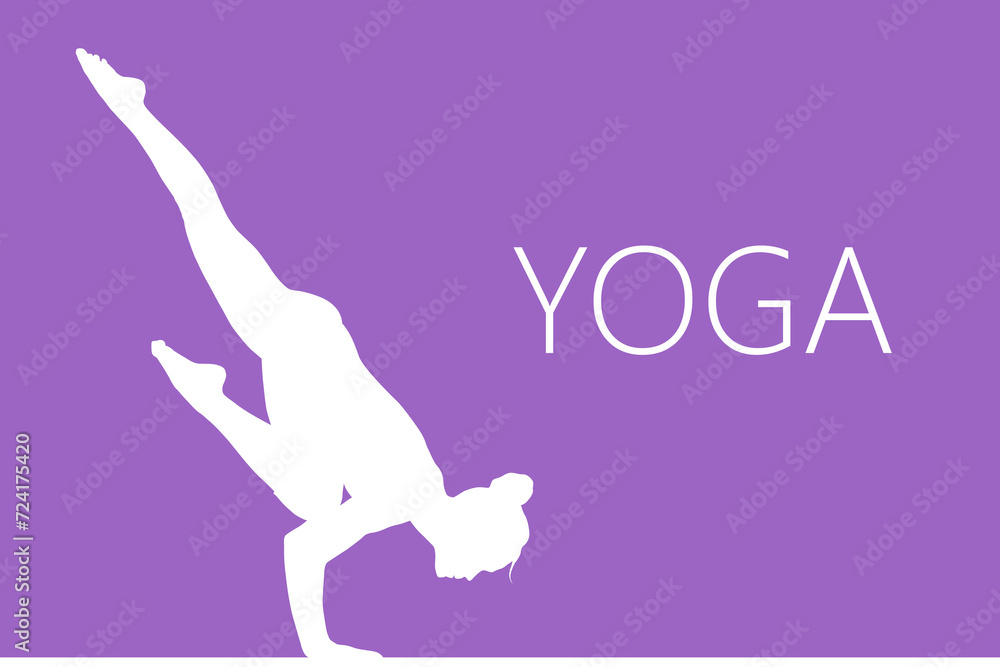 Vector template with woman practices yoga. Violet background