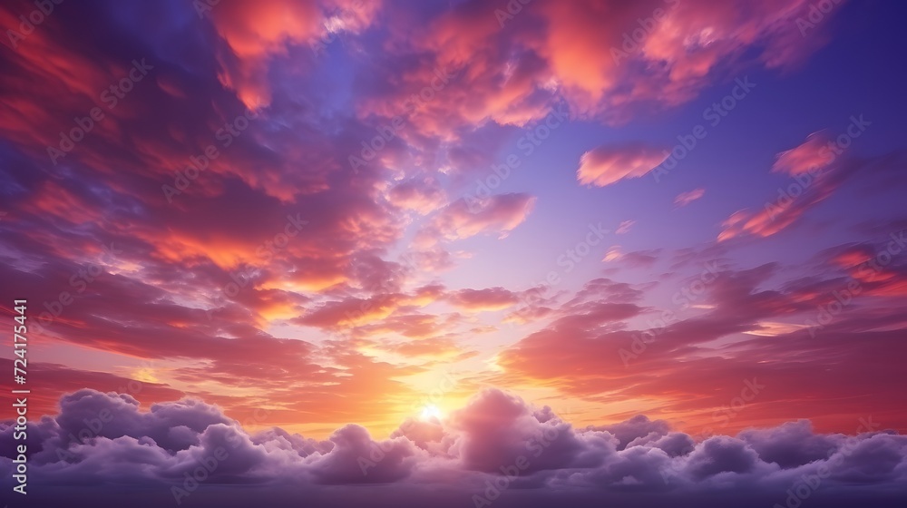 Panorama view red and purple sunset sky. Beautiful cloudscape in heaven sky. Nature background. Golden and dark fluffy clouds with sunlight. Beautiful clouds layer. Majestic sky for wallpaper. 
