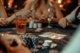 In a dimly lit gambling house, a group of individuals in stylish clothing sit around a table adorned with tableware and drinkware, their hands holding glasses of alcoholic beverages as they play a ga