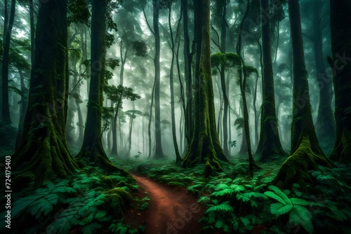 A mystical forest scene in Kerala, with tall trees partially obscured by early morning mist. The forest floor is lush and green, adding to the mystique.