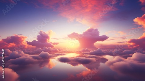 Panorama view red and purple sunset sky. Beautiful cloudscape in heaven sky. Nature background. Golden and dark fluffy clouds with sunlight. Beautiful clouds layer. Majestic sky for wallpaper.  
