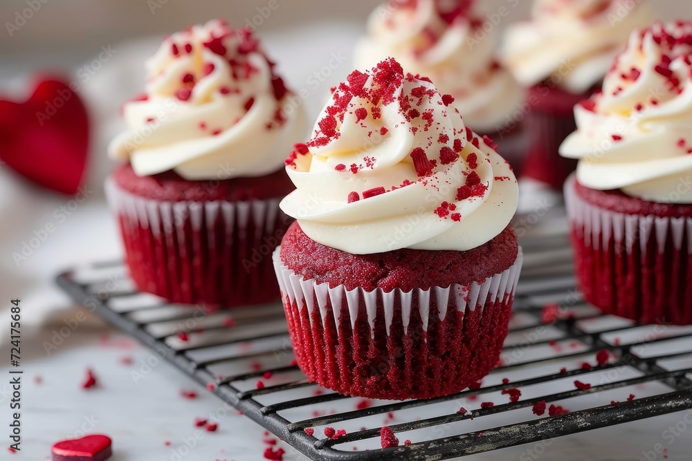 Indulge in a delectable treat with this perfectly baked red velvet cupcake, adorned with creamy white frosting and a touch of whimsical sprinkles, a sweet sensation for all dessert lovers