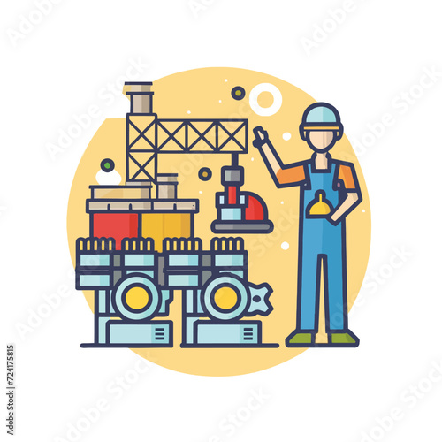2d vector illustration colorful machine , worker and Industry and its development technology, factories and production lines icon