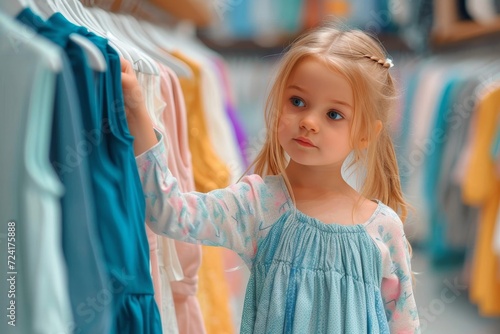 A curious young girl with blue eyes admires the colorful dresses hanging on the indoor clothing rack, her tiny toddler hands reaching out to touch the fabric as she imagines herself wearing them photo