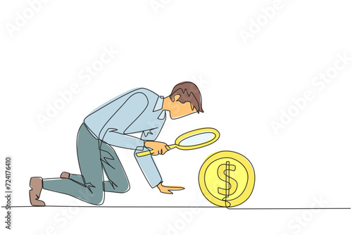 Single one line drawing of businessman holding magnifying glass highlights a coin dollar symbol. Collecting every coin from profits is valuable. Benefit. Continuous line design graphic illustration photo