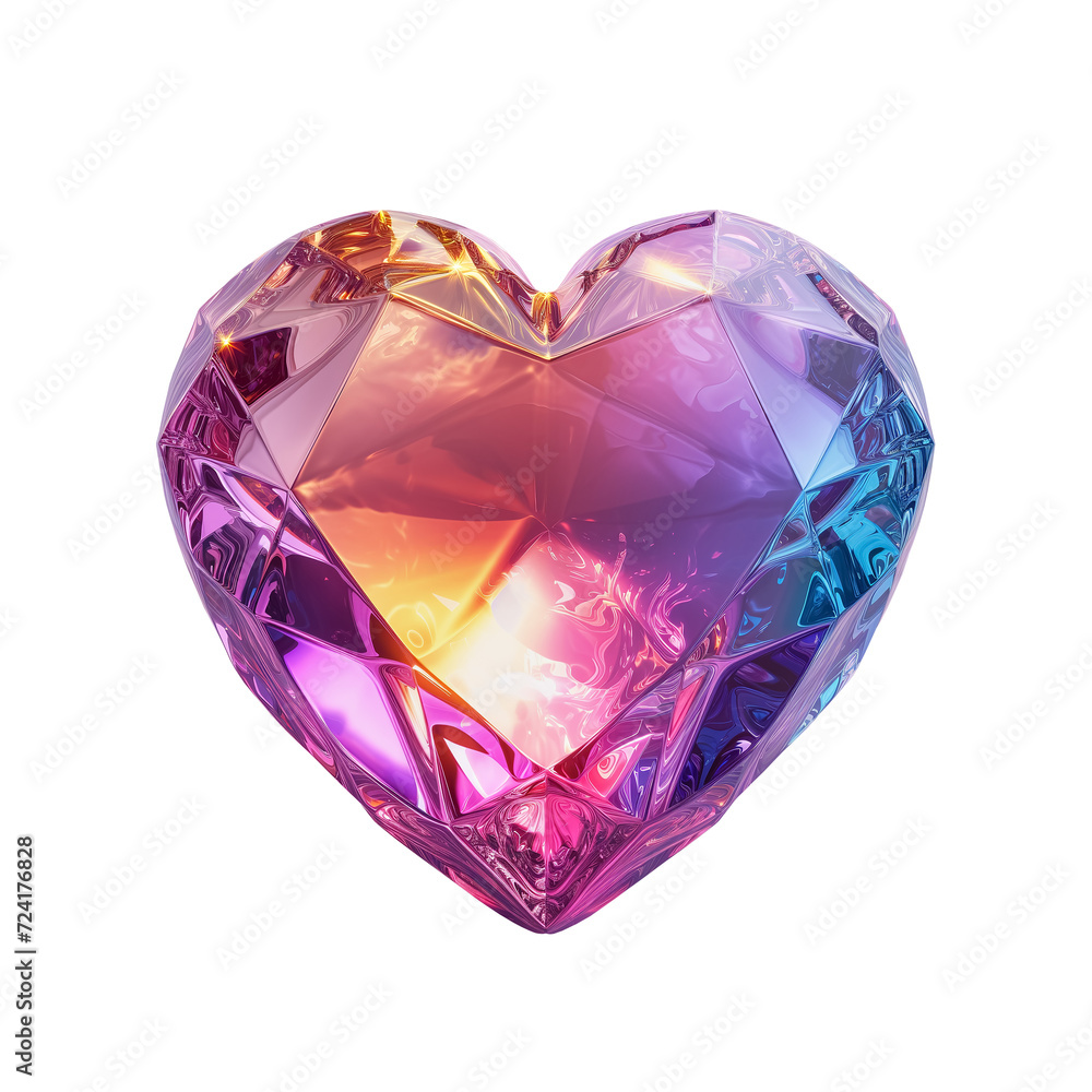 Multicolored heart in 3d rendering style, made of precious stone, isolated on transparent background. PNG file.