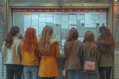 Girls stand near the bulletin board or poster photo