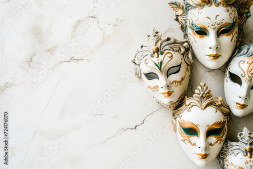 Venetian masks on one side on veined marble background with copy space. Carnival concept. © aguadeluna