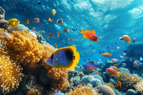A vibrant community of marine life thrives in the crystal clear waters of a stunning coral reef, as colorful fish and mesmerizing sea anemones coexist in perfect harmony © Pinklife