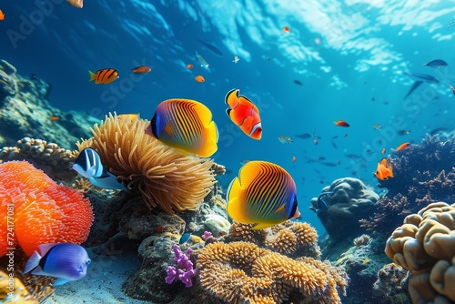A diverse community of marine life, from colorful fish and stony corals to sea anemones and sponges, thrives in the crystal clear waters of the ocean
