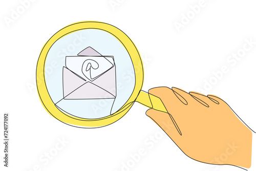 Continuous one line drawing big hand holding magnifying glass highlights the email icon. Observe and sort every incoming email for significant business progress. Single line design vector illustration