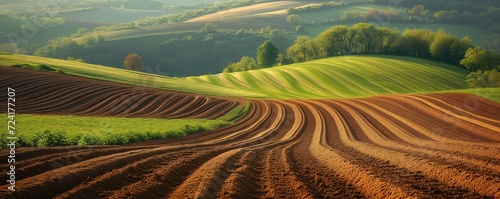 Contrasting green and brown striped fields undulate over hills  bathed in the golden light of a setting sun