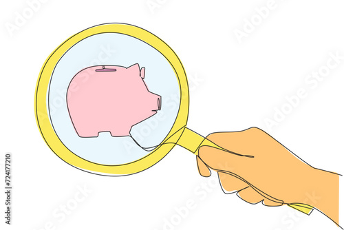 Single continuous line drawing big hand holding magnifying glass highlights piggy bank. A planning concept to save in order to have valuable assets in the future. One line design vector illustration