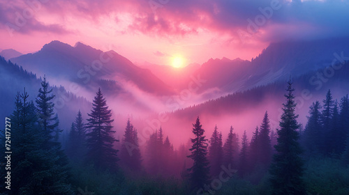 Mountain range with visible silhouettes through the morning colorful fog. © Muhammad