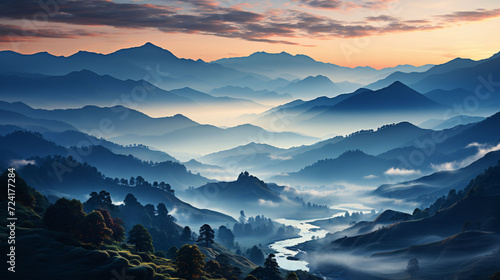 Mountain range with visible silhouettes through the morning colorful fog. © Muhammad