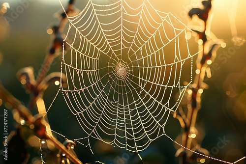 Nature's delicate artwork, a spider's glistening web adorned with dew, invites us to marvel at its intricacy and beauty in the peaceful outdoors