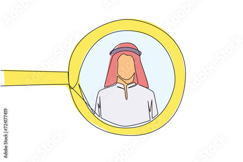 Single one line drawing the circle of magnifiers highlights to young successful Arab businessman. Resembles an avatar for photo on social media. Victorious. Continuous line design graphic illustration