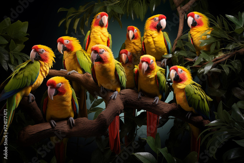 Parrots Psittaculidae. World Wildlife Day. Group of wild animals on nature background.