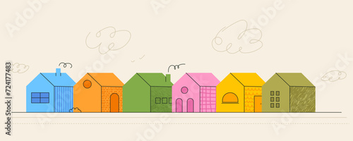 Street with road from simple house icons in bright color. Neighborhood village. Contemporary trendy illustration with textures. Vector kit of kids pictures.