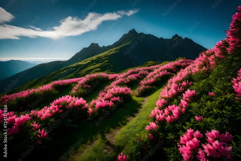 A tranquil mountain setting in summer, with trails of pink rhododendron flowers weaving through the verdant landscape, under a clear blue sky. A tranquil mountain setting in summer, with trails of pink rhododendron flowers weaving through the verdant landscape, under a clear blue sky.