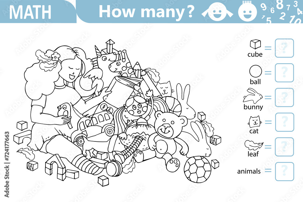 Counting math game for kids. Girl with Pile of Toys. Educational math puzzle. Coloring page. Count how many  hidden objects are in the picture and write the result. Sketch vector illustration
