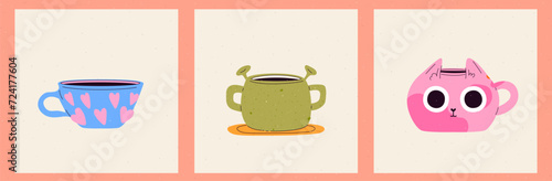 A set of IG post card with ceramic mugs and a groovy style. With different textures and patterns and prints. Organic funny shapes. Vector contemporary illustration.