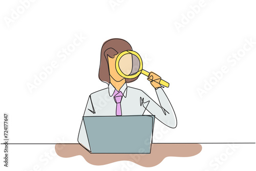Single continuous line drawing of businesswoman is typing in front of a laptop computer holding a magnifier. Modern business at this time can be done anytime and anywhere. One line vector illustration