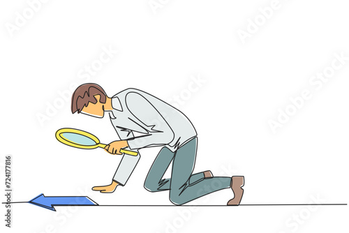Continuous one line drawing of businessman looked down checking arrows with magnifier. Check the direction, it is towards a growing business or makes the business loss. Single line draw design vector