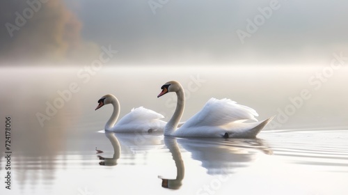 Tranquil Reflection of Graceful Swans on Still Lake AI Generated.