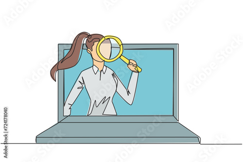 Continuous one line drawing of businesswoman came out of the laptop screen holding the magnifier. Finding online networking to sustain his business. Relationship. Single line draw vector illustration