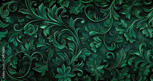 Generative AI, Deep green floral pattern in the style of art nouveau 1900s, beautiful flowers and plants photo
