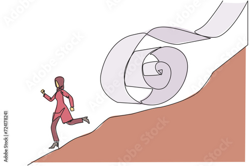 Continuous one line drawing Arabian businesswoman runs down hill while being chased by rolls of paper bills. Chased by ever-growing bills. Business failure. Single line draw design vector illustration