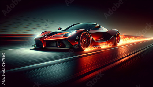 High-Speed Luxury Sports Car in Motion with Fiery Trail, Exuding Speed and Power - Concept of Luxury, Performance, and Exhilaration photo