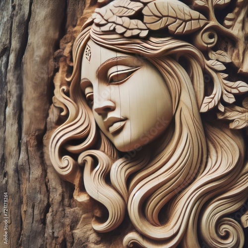 Beautiful woman s face carved in wood.