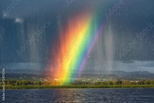 A vibrant rainbow stretches across the serene lake, painting a picturesque scene of nature's beauty in the open sky