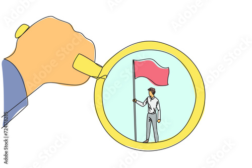 Single one line drawing of big hand holding the magnifier by highlighting the businessman who is standing holding the flag. A symbol of the glory of a businessman. Continuous line design graphic